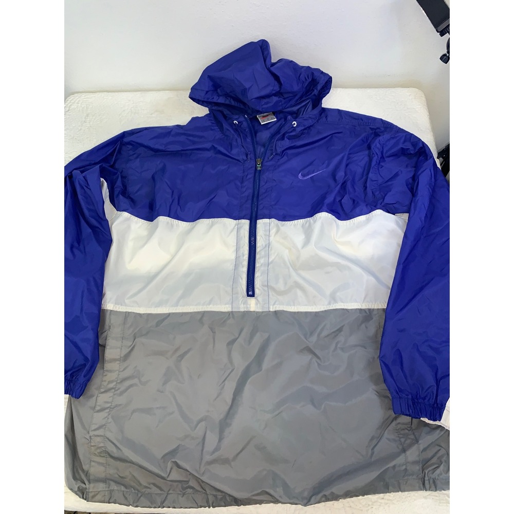 Vintage 90s Nike Windbreaker Jacket XL Blue White Grey Colorblock Half Zip Hood